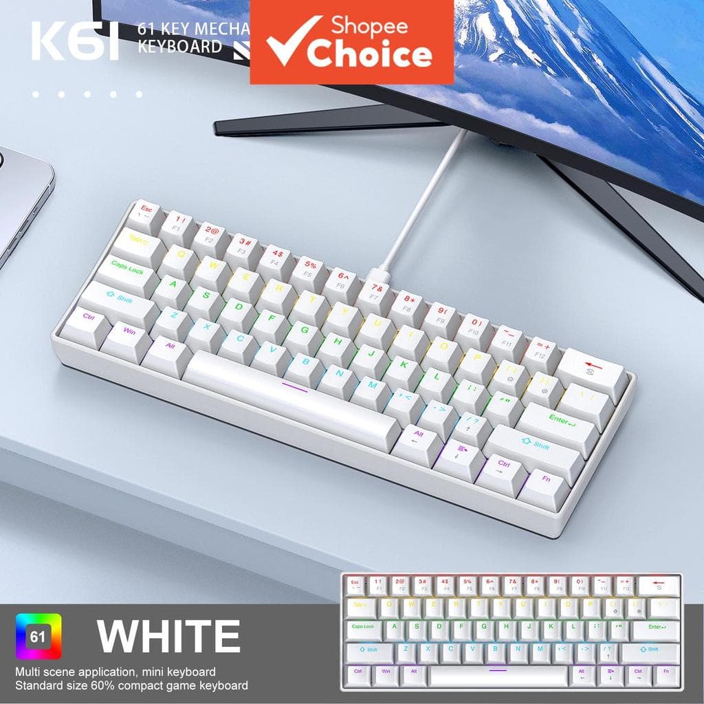 Teclado Mecânico Opcional de Dupla Chave K61 - USB com Fio para Computadores Domésticos e Comerciais