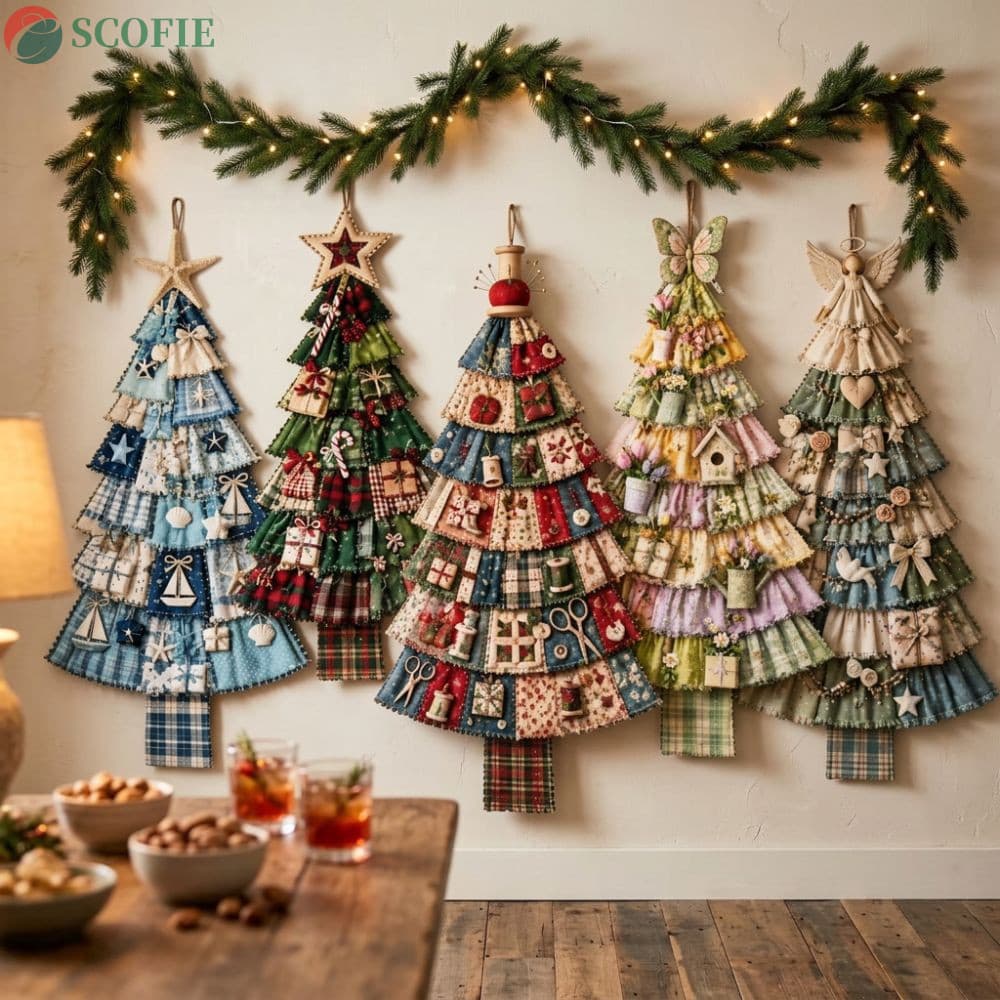 SCOFIE Árvore De Natal De Tecido Grande , Estampa Xadrez Costurada À Mão , Patchwork , Porta De Pendurada , Aconchegante