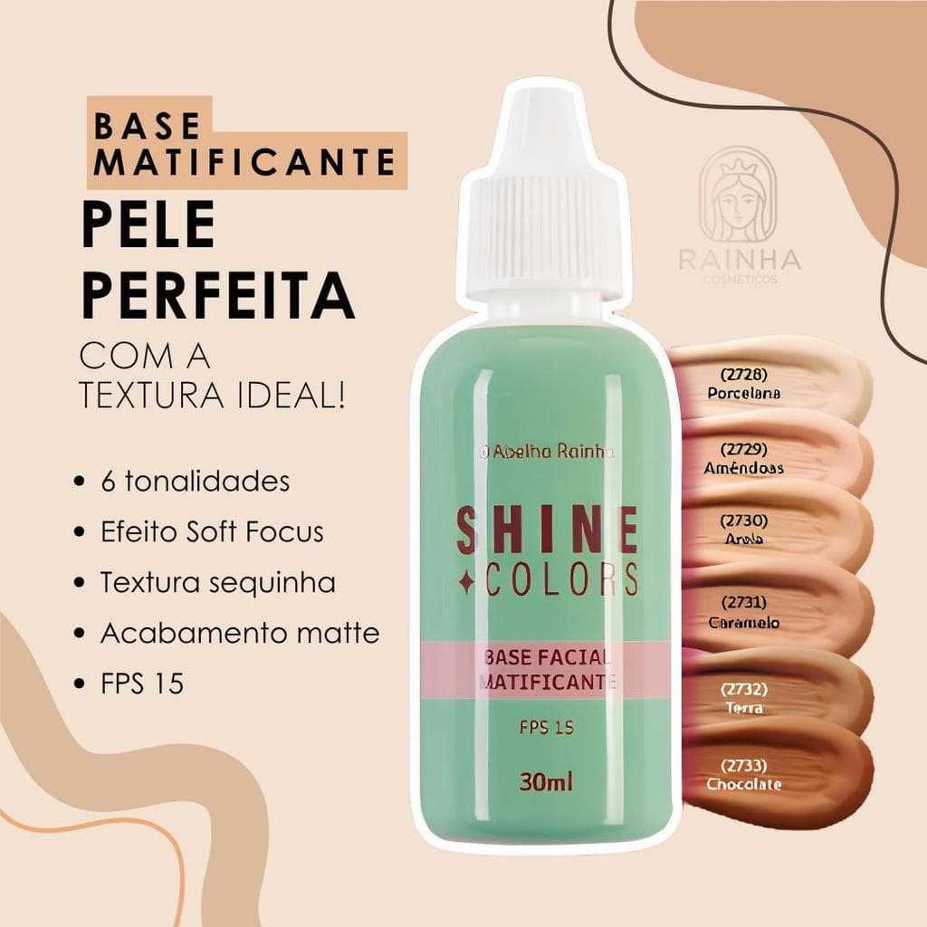 Base Liquida Facial Abelha Rainha Shine Colors Matte FPS15 30ml Cobertura Uniforme Maquiagem Rosto
