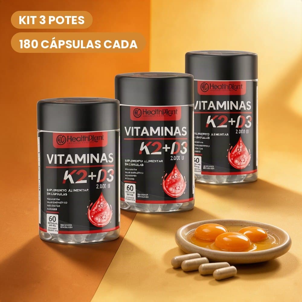 Suplemento Vitamina K2 com Vitamina D3 2000UI Kit 3 Potes com 180 Cápsulas Cada