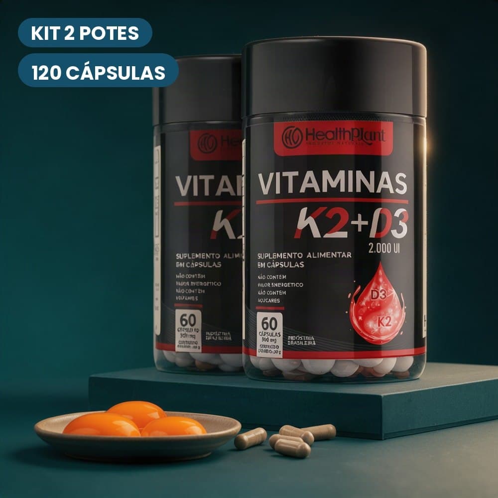 Kit 2 Potes Vitamina K2 + Vitamina D3 2000UI 500mg 120 Cápsulas Suplemento Alimentar