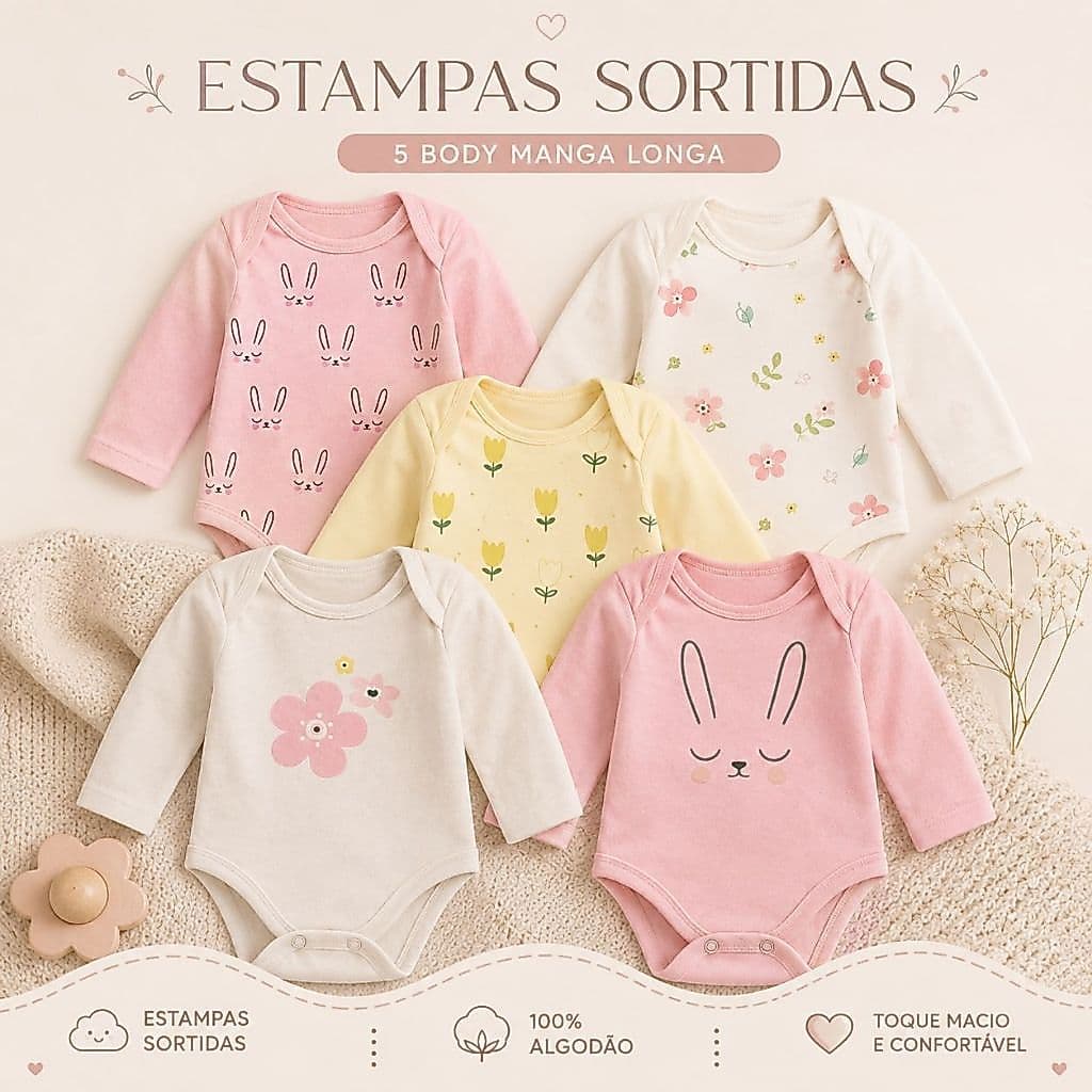 Kit 5 Peças Body Manga Longa Estampado Enxoval Roupa de Bebê