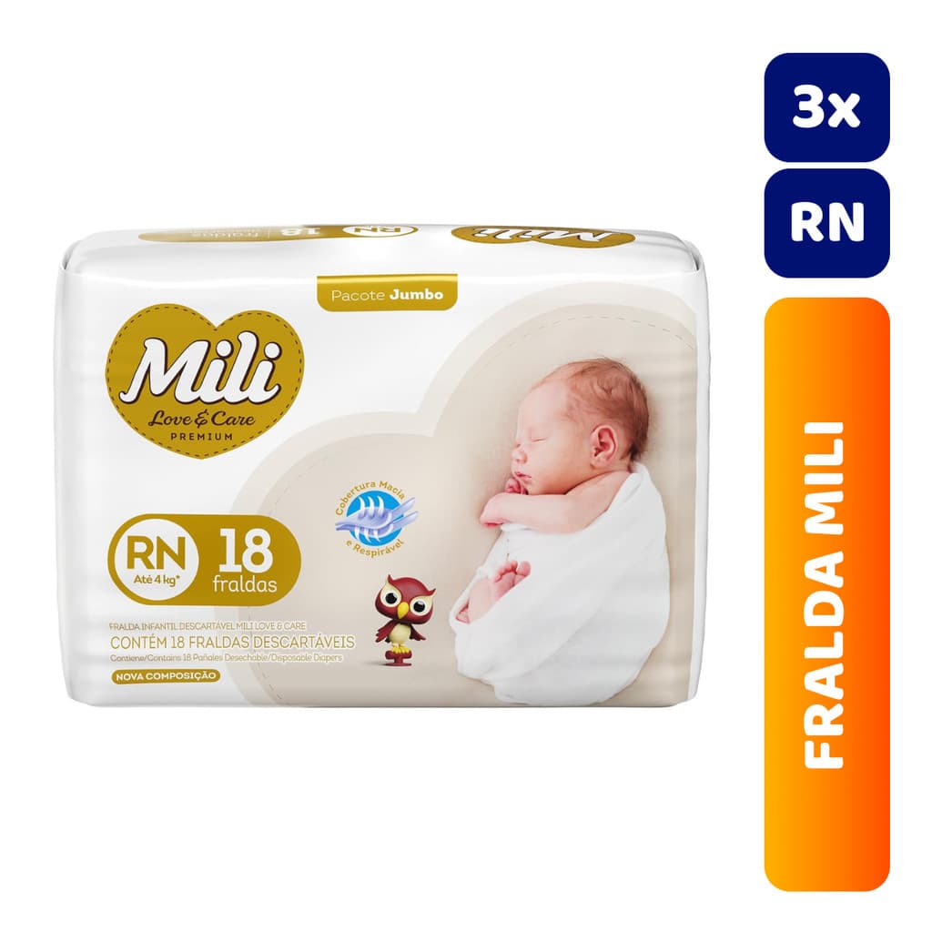 Kit 3x Fralda Infantil Mili Jumbo Love & Care Premium C/18 RN