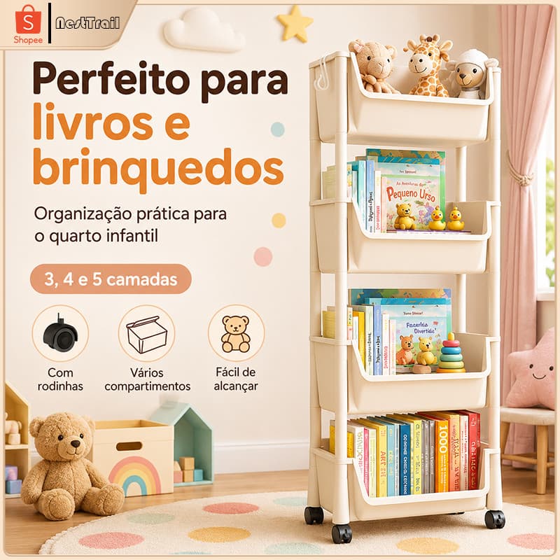 Carrinho Organizador Multiuso com Rodas 3, 4 ou 5 Andares | Prateleira Vertical para Cozinha, Banheiro