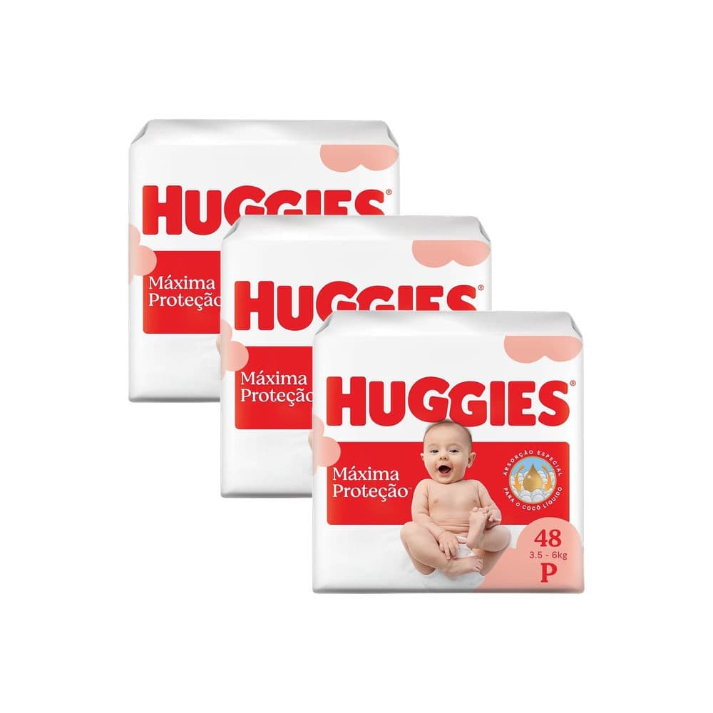 Kit 3 Fralda Huggies Máxima Proteção Tamanho P Mega 48 Unidades Descartáveis