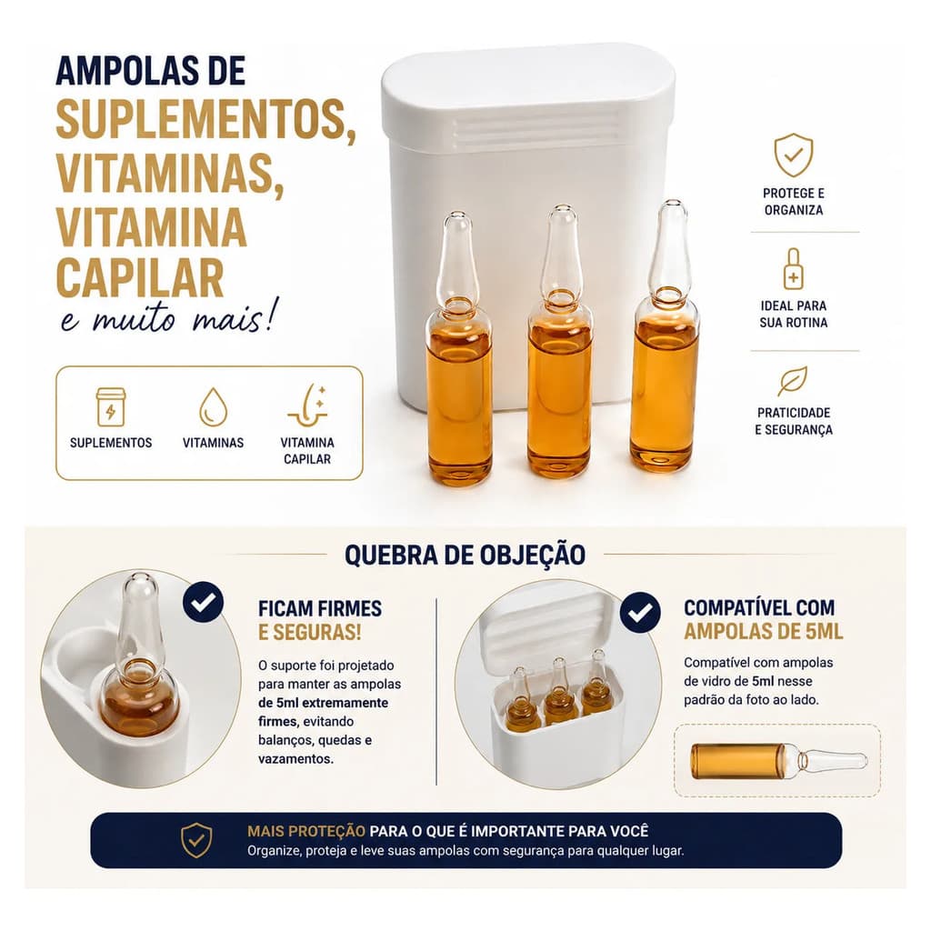 Porta 3 Ampolas Vidro 5ml Case Vitaminas , Suplementos e Vitamina Capilar