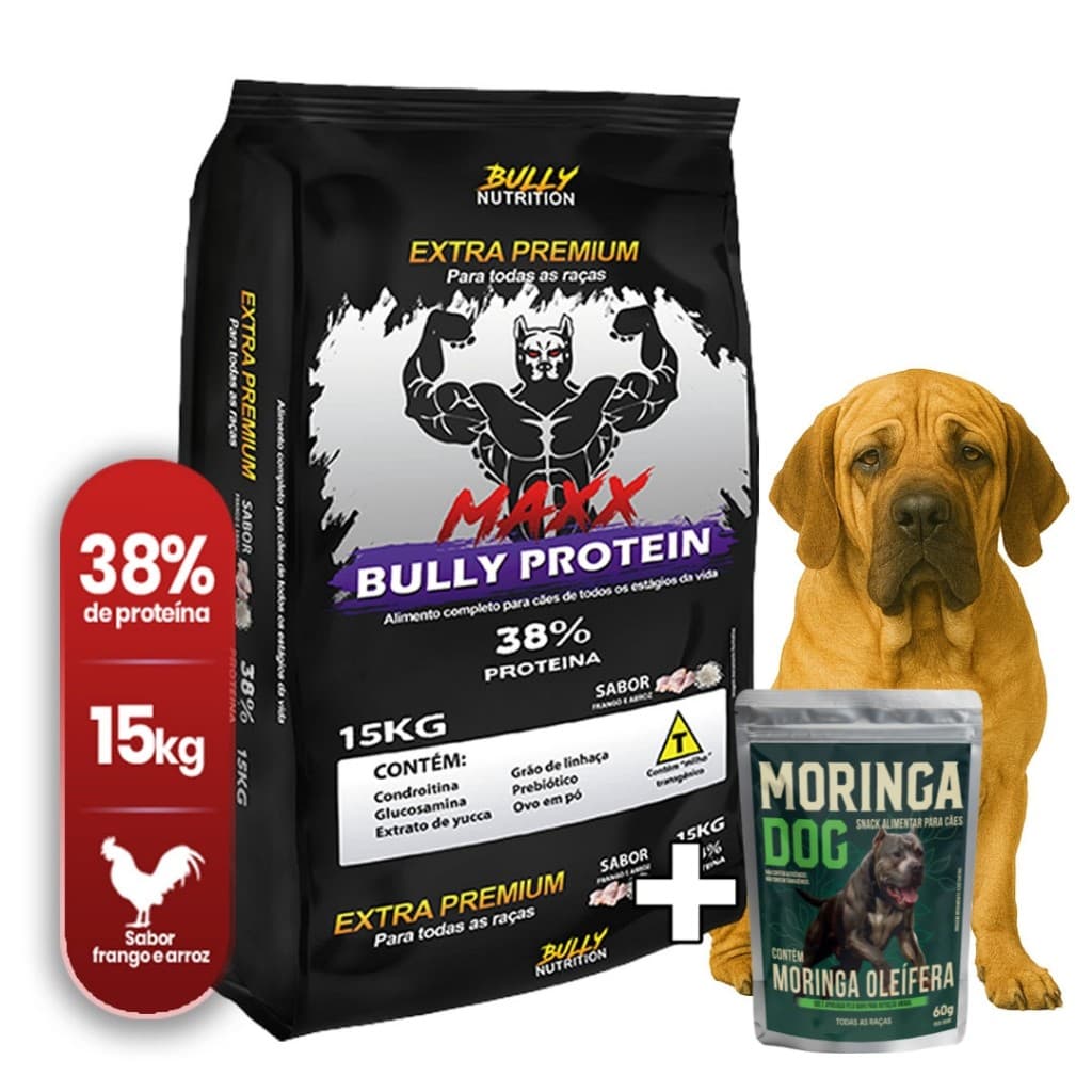Ração Para Cachorros Fila Brasileiro Maxx Protein Extra Premium 15Kg + Moringa Dog 60g Cachorro Forte