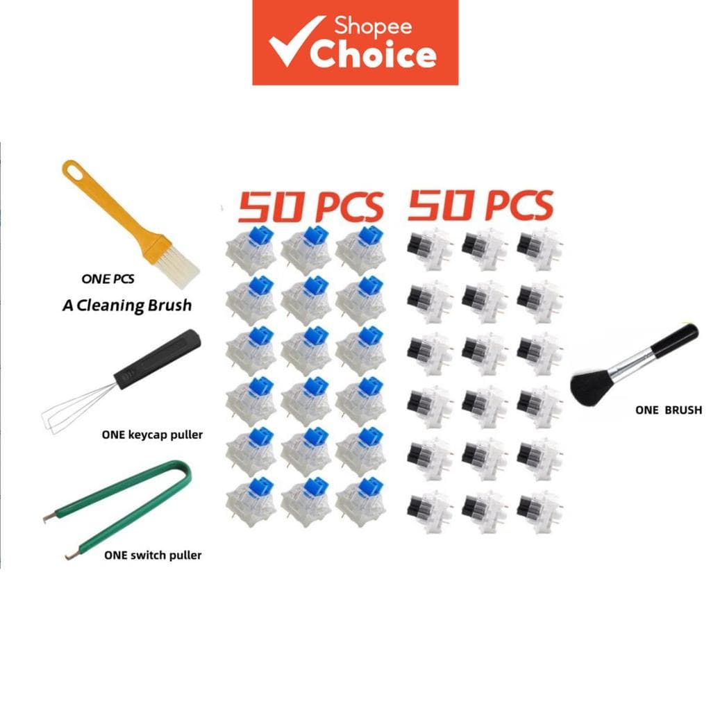 Conjunto de Interruptores de Teclado Mecânico 50 Peças Azul 50 Peças Preto 3 Pinos Lineares Tácteis com Extrator de