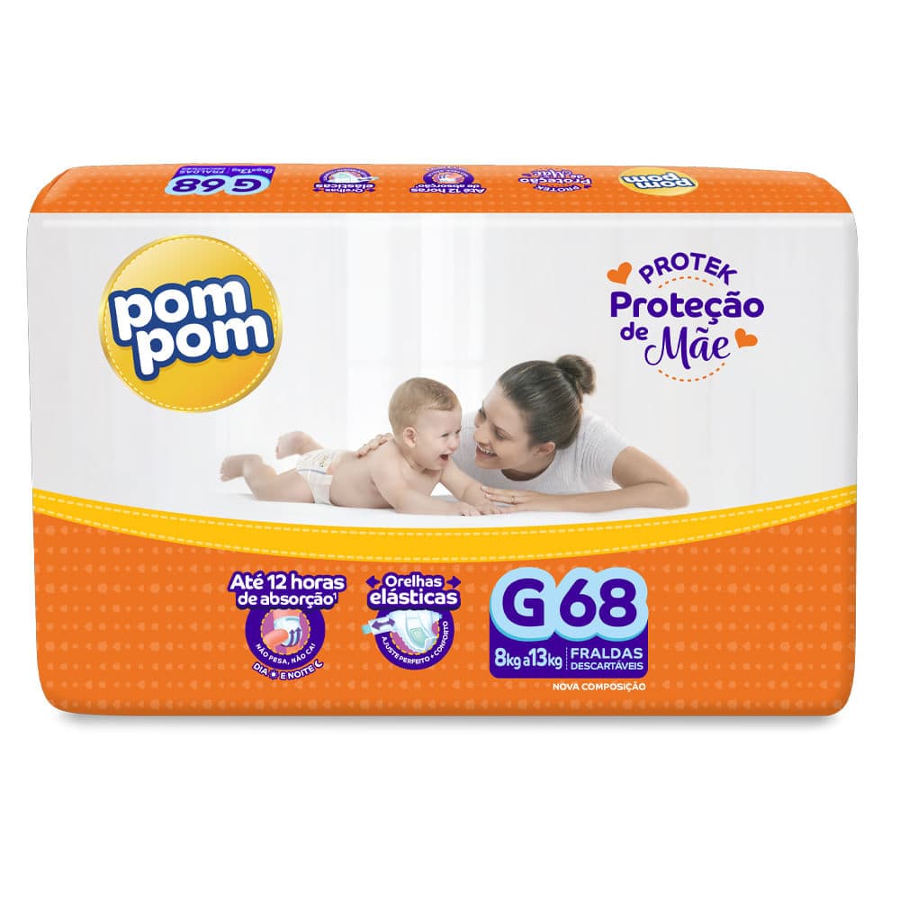 Fralda Descartável Pom Pom Protek Hiper G - 68 Unidades