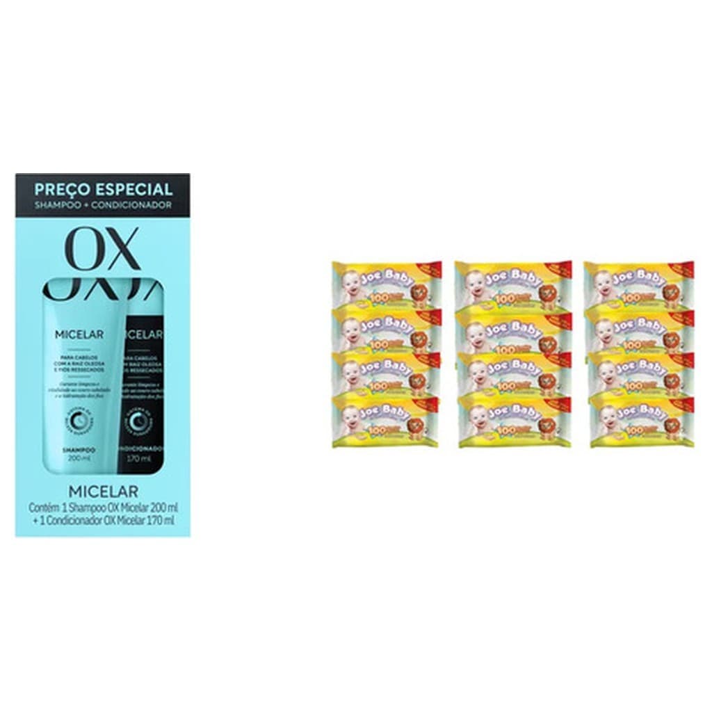 Kit Ox Micelar Shampoo Condicionador 2 Frasco Toalha Ultra Umedecida Infantil 1200un