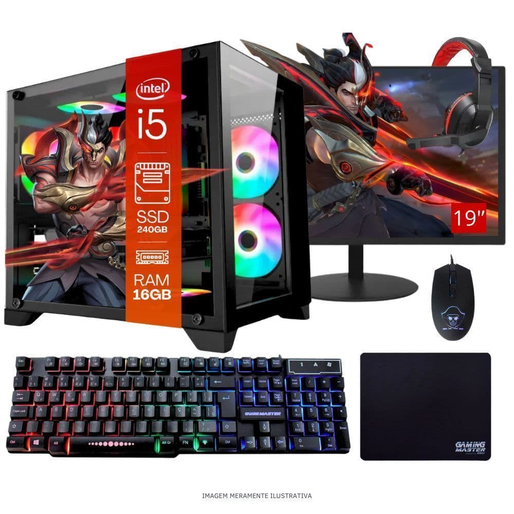 Computador PC Gamer  TOB   i5  240GB 16GB   Kit Gamer e Headset Gamer Monitor 19” Windows 10 Pro Trial