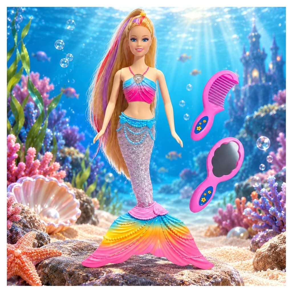 Boneca Sereia Musical Shopline BSM01SL 35cm Articulada Luzes Acessórios Pente Espelho Com Som