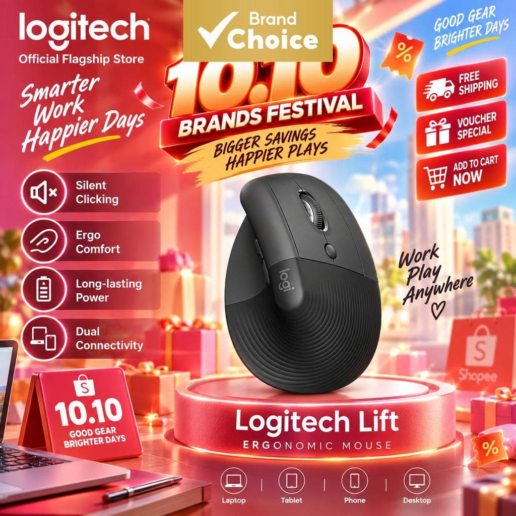 Mouse Vertical Sem Fio Logitech Lift, Bluetooth silencioso, ergonômico, modo duplo, rastreamento preciso, SmartWheel,
