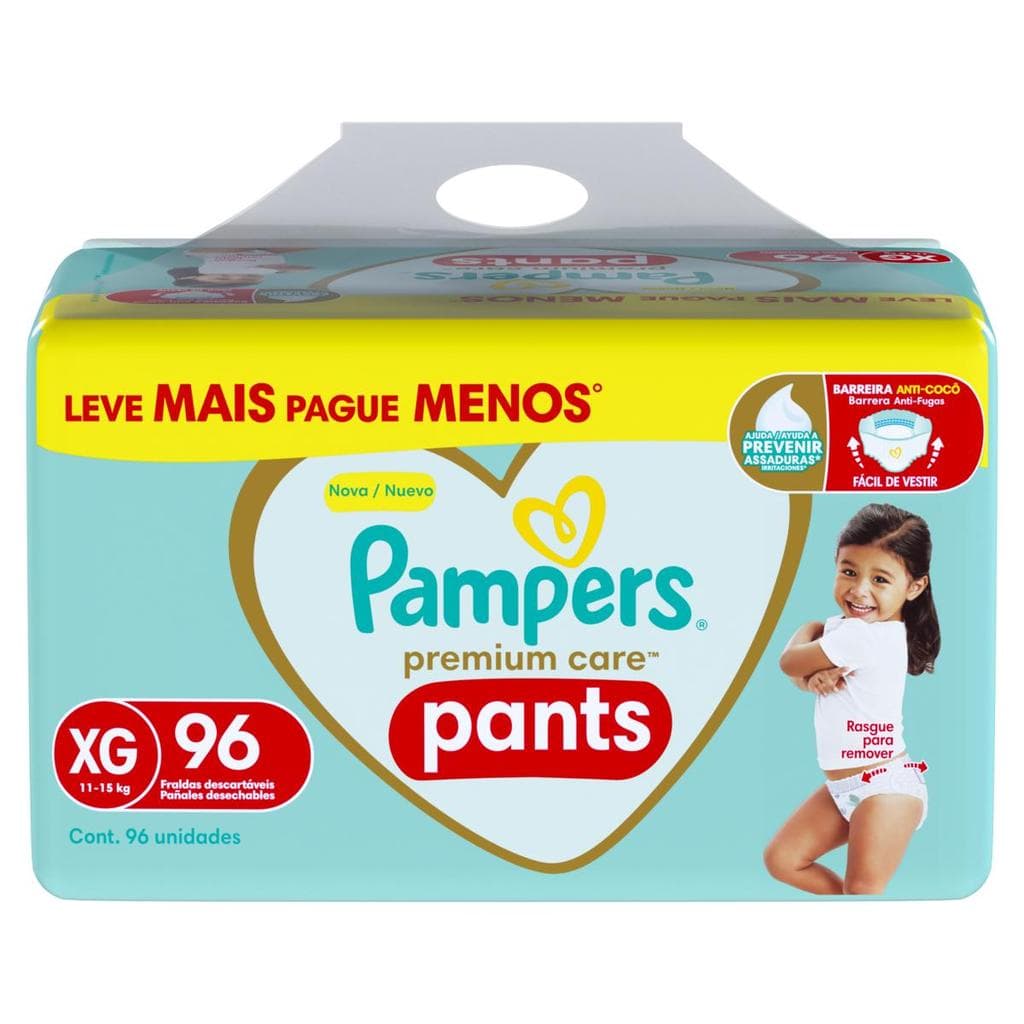 Fralda Descartável Infantil Pampers Pants Premium Care XG Pacote 96 Unidades Leve Mais Pague Menos