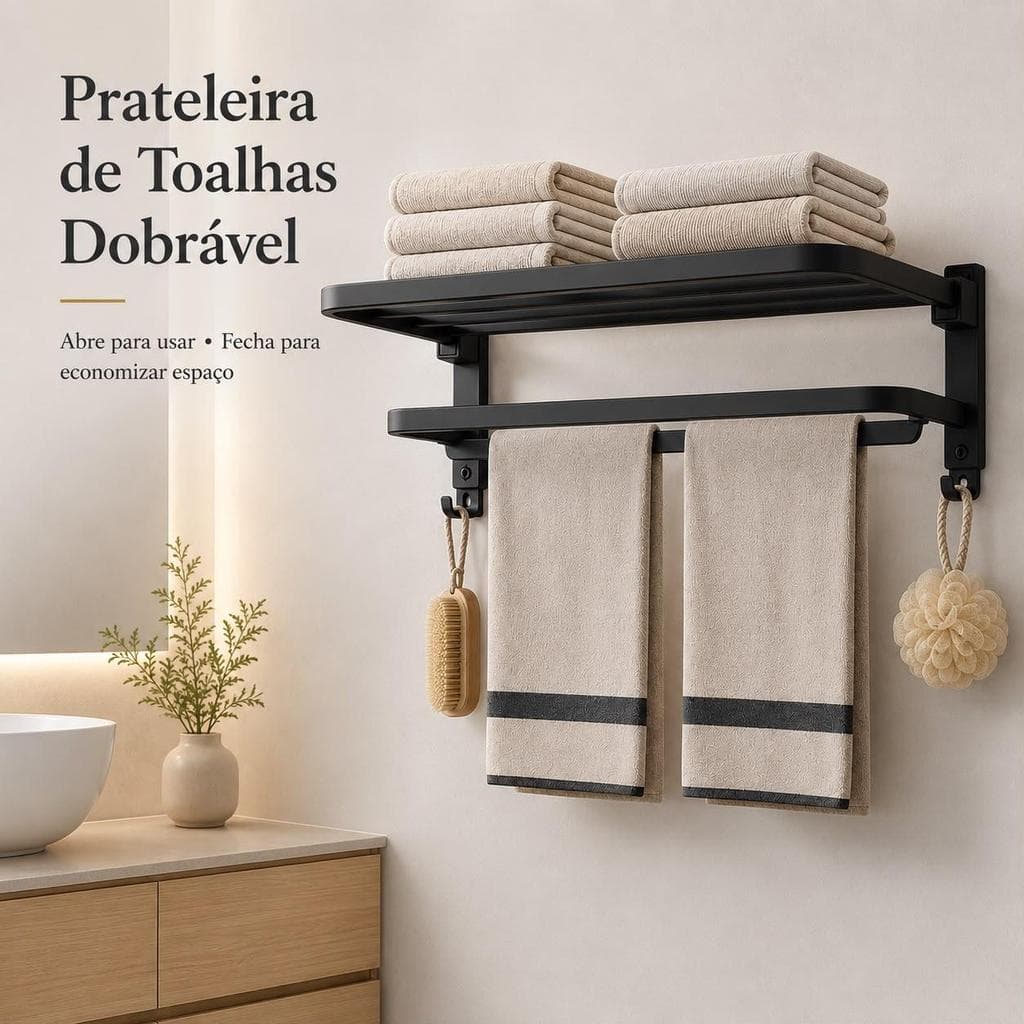 Prateleira Porta-Toalhas Dobrável de Parede – Suporte Organizador para Banheiro com Barra e Ganchos