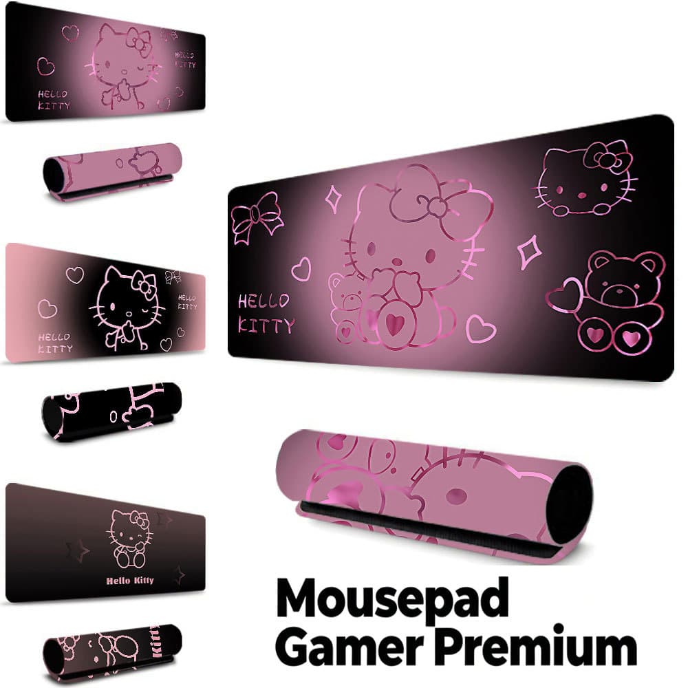 Tapete Gamer Hello Kitty Linhas Rosas, borda costurada, base borracha antiderrapante, à prova d'água para mesa notebook