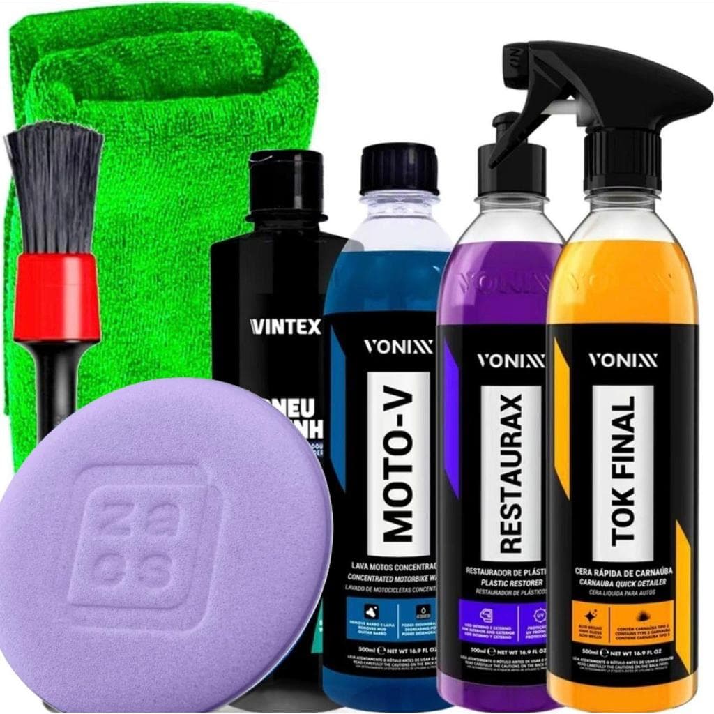 Kit Vonixx Moto-V Tok Final Restaurax Pneu Pretinho com Acessórios Limpeza Brilho Moto Carro