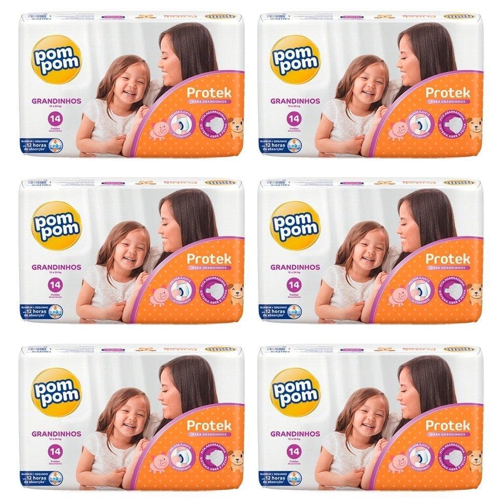 Fralda Descartável Pom Pom Protek Baby Jumbo Grandinhos Tamanho XXG - 6 Pacotes com 14 Fraldas - Total de 84 Tiras