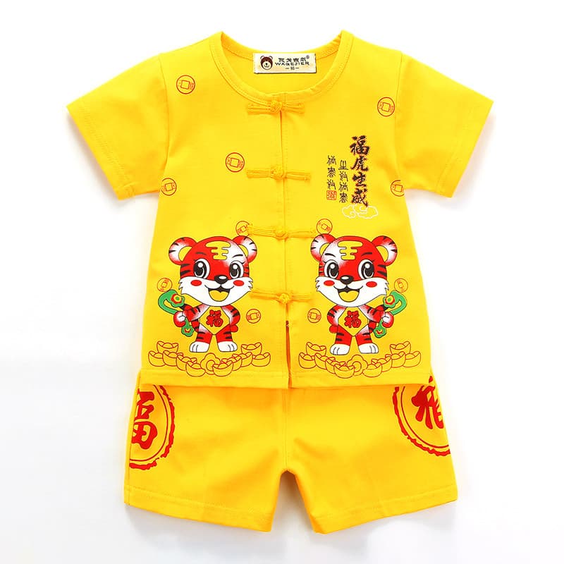 Bebê menino roupas de verão bebê um ano de idade menino casaco amarelo tigre terno bebê menina cem dias vermelho estilo 