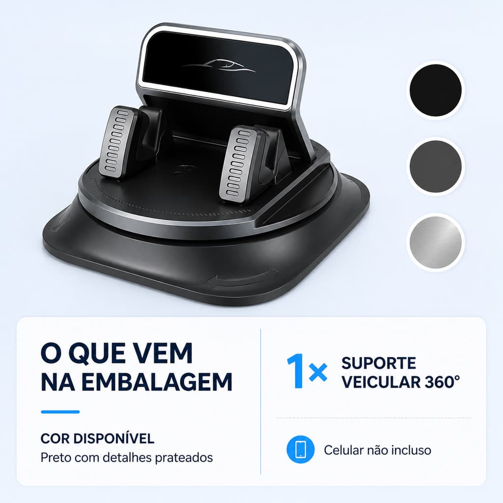 Suporte Celular 360° para Painel do Carro, Universal, Antiderrapante e Estável
