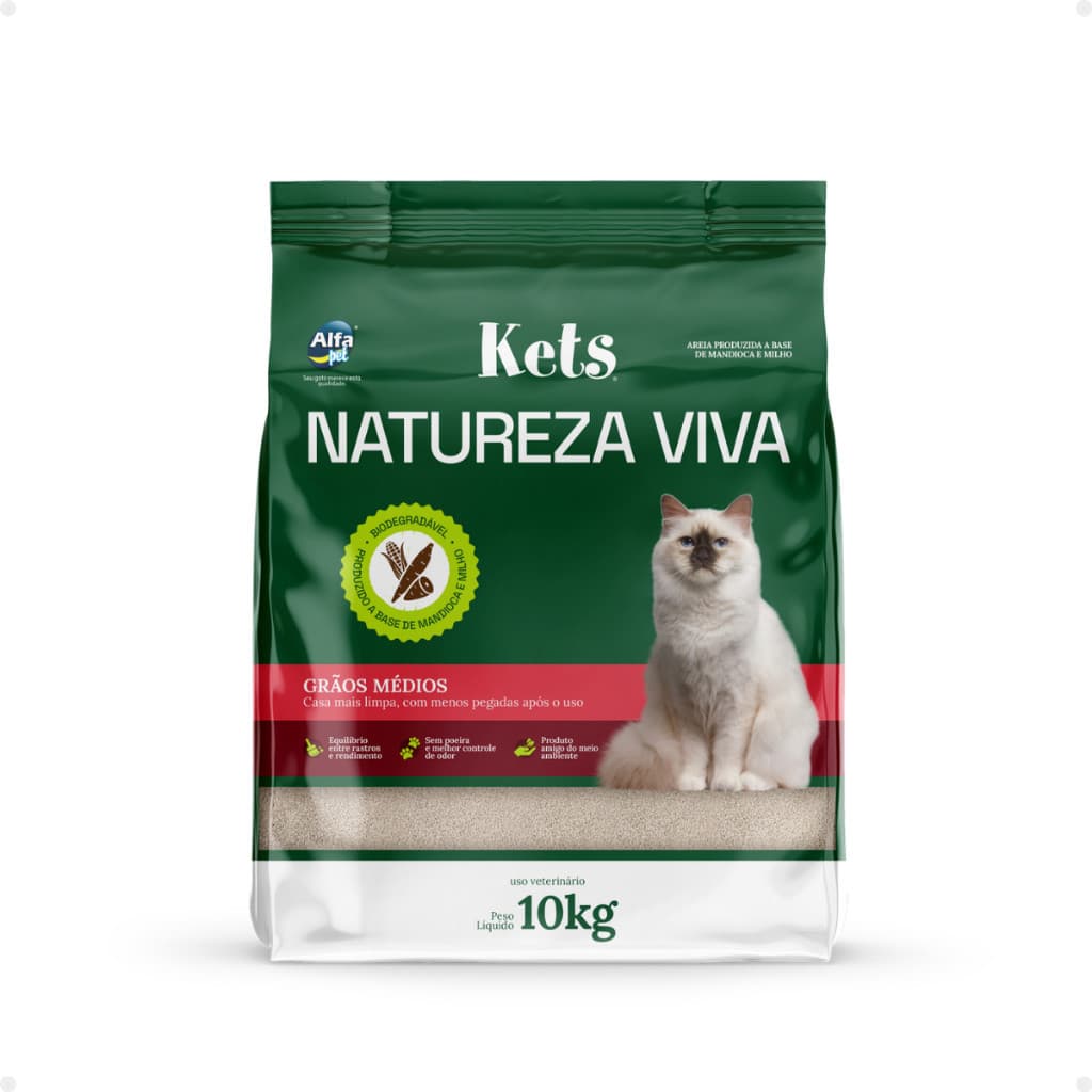 Areia Higiênica Sanitária Gato Mandioca Kets Natureza Viva Grãos Médios 10Kg