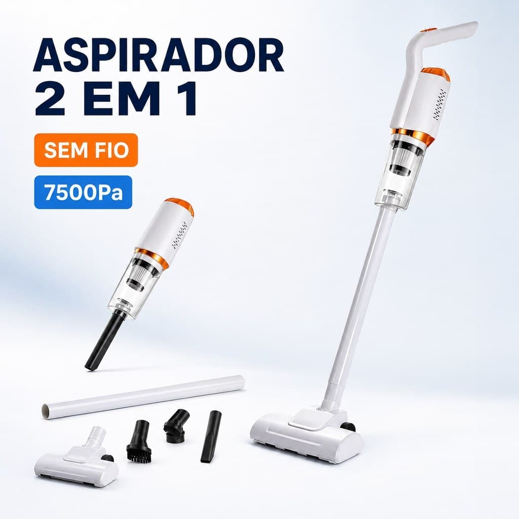 Aspirador de Pó Vertical Sem Fio 2 em 1 Recarregável 7500Pa Portátil para Casa e Carro