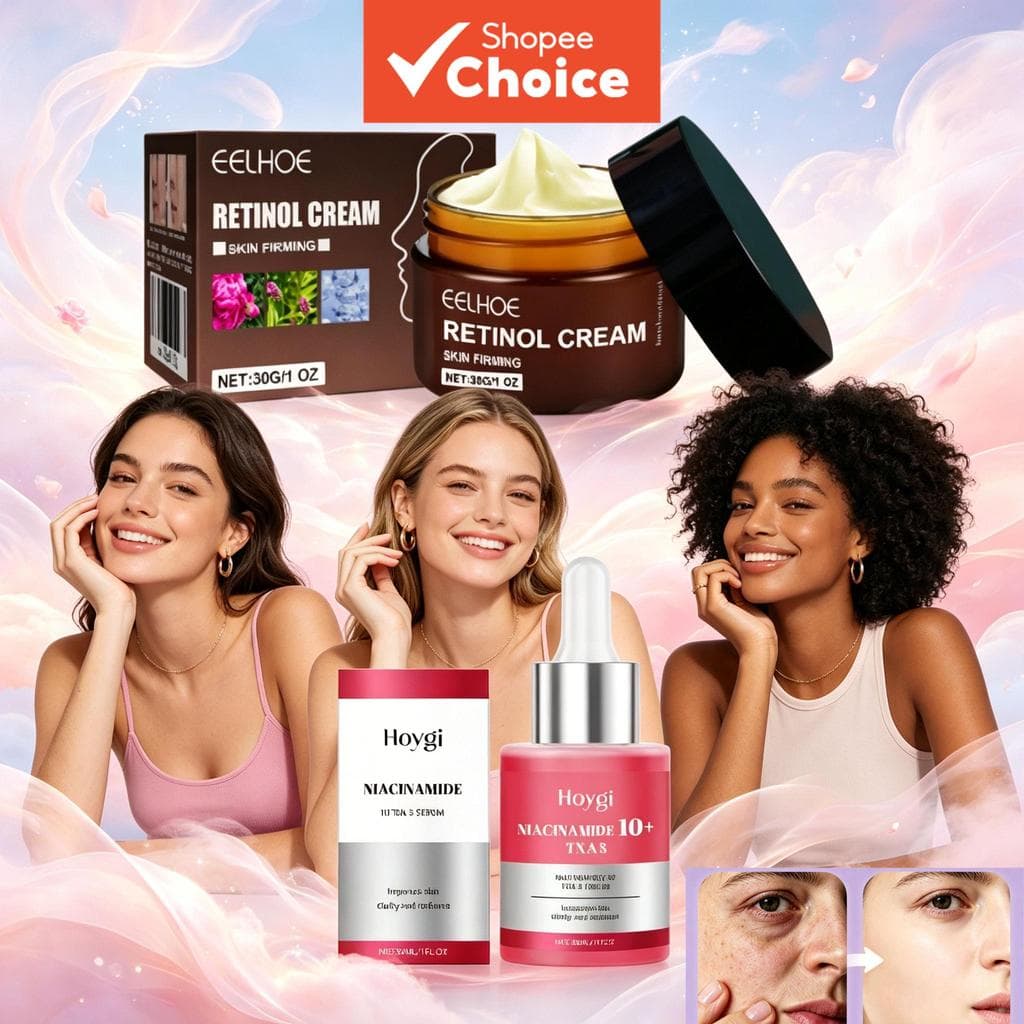 Anti-Idade, Creme Firmador e Clareador de Retinol com Niacinamida, e Conjunto de Cuidados com a Pele para Redução de