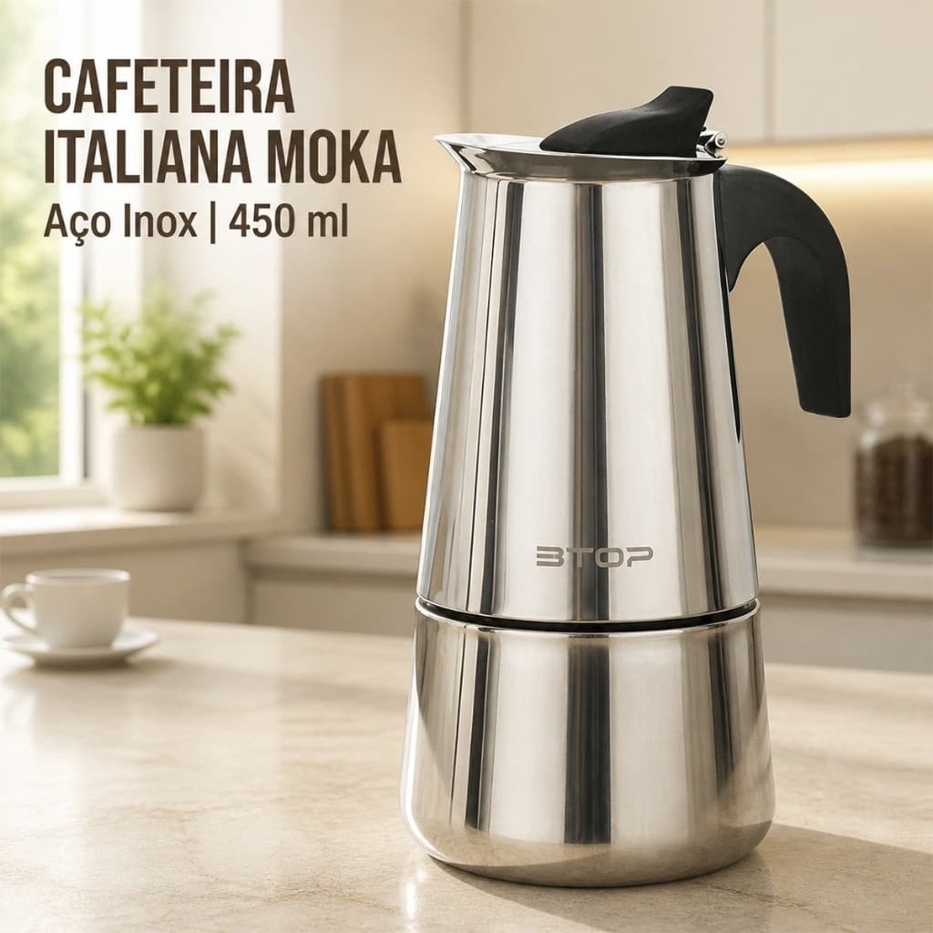 Cafeteira Italiana Inox 450ml Moka 9 Xícaras Café Expresso Fogão a Gás Indução Elétrico Filtro Metal