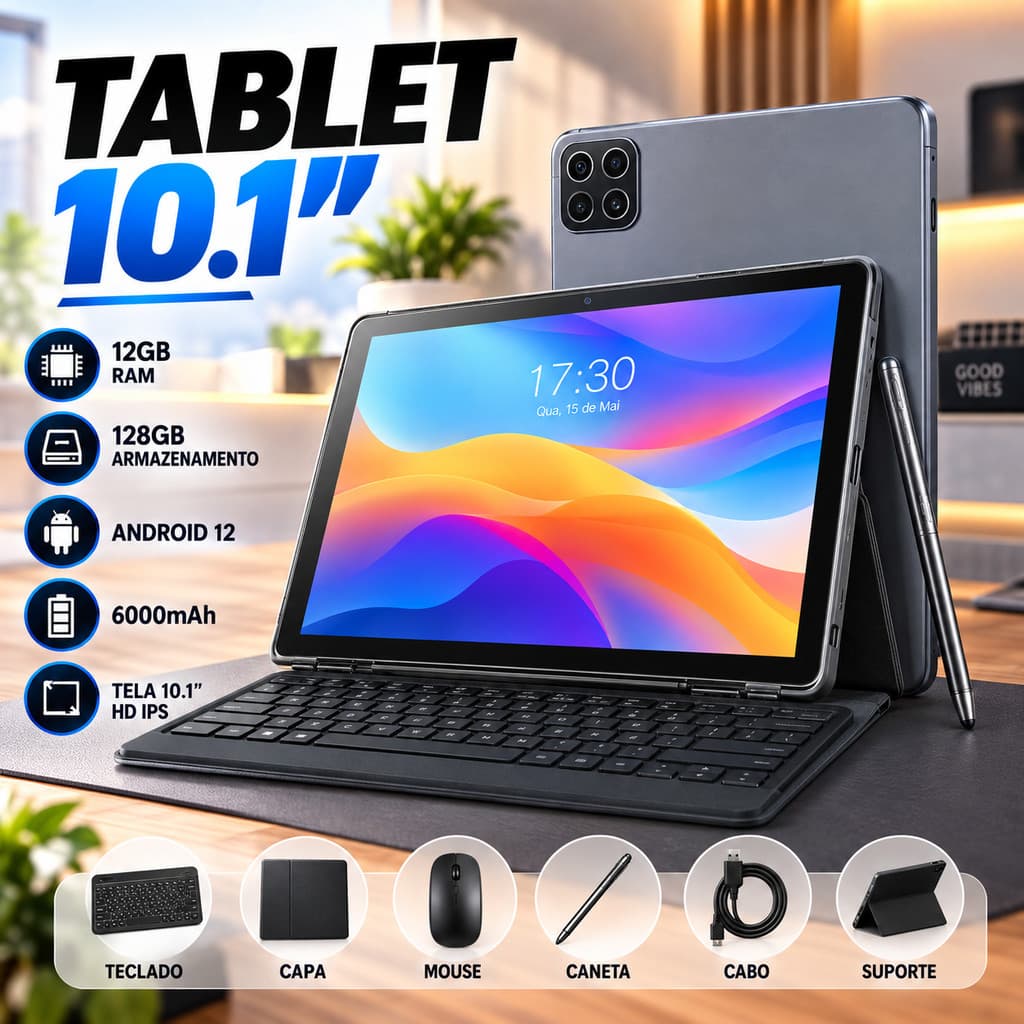 Tablet Com Teclado 10.1 Mouse Sem Fio 12GB Memória Android Wi-Fi Entrada Chip 4G LTE Tipo Notebook Tarefas Escolares