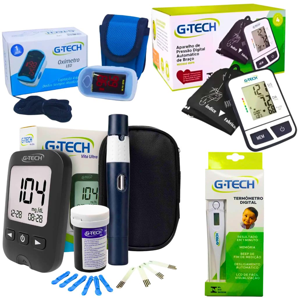 Kit Saúde G-Tech 4 em 1 – Oxímetro, Medidor de Glicose, Aparelho de Pressão e Termômetro Digital