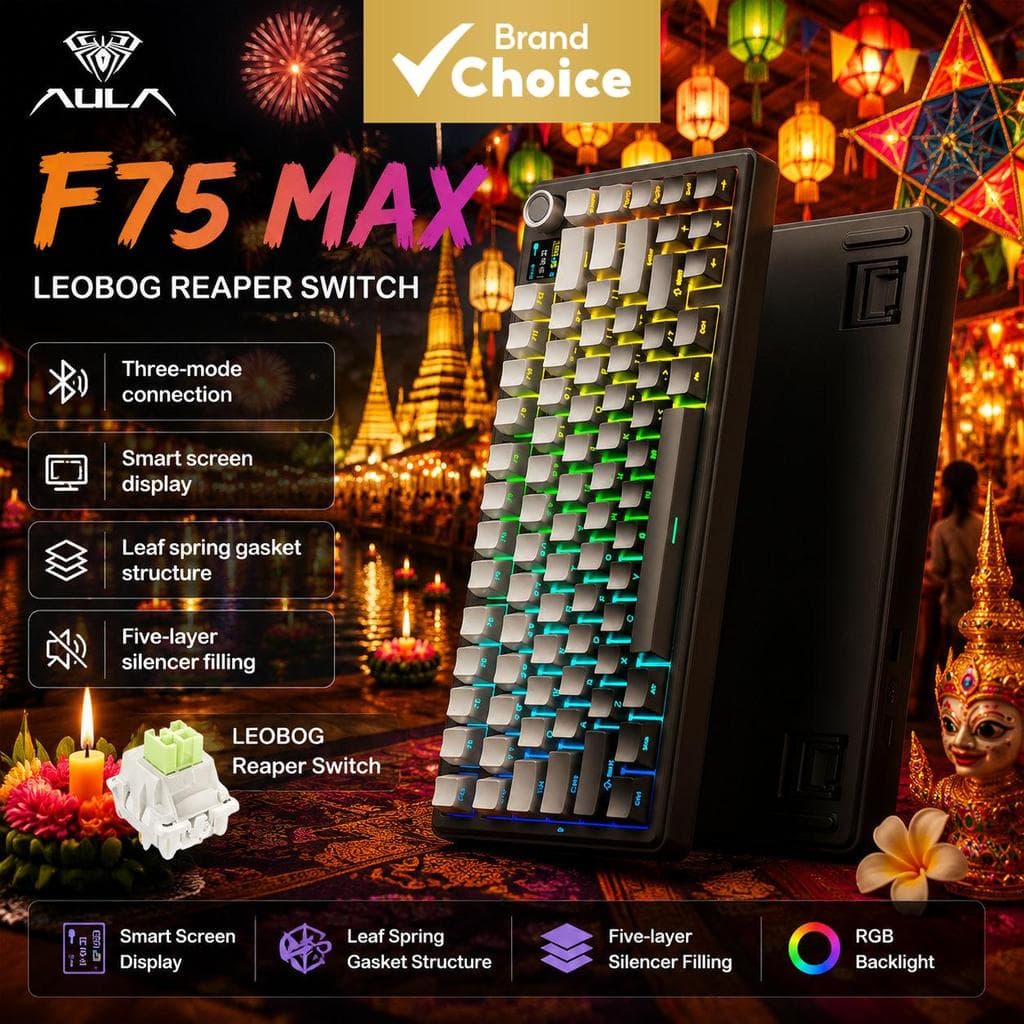 Teclado Mecânico AULA F75 MAX Tri Mode Interruptor Reaper Sem Fio Bluetooth RGB Retroiluminado Hot Swappable Teclado