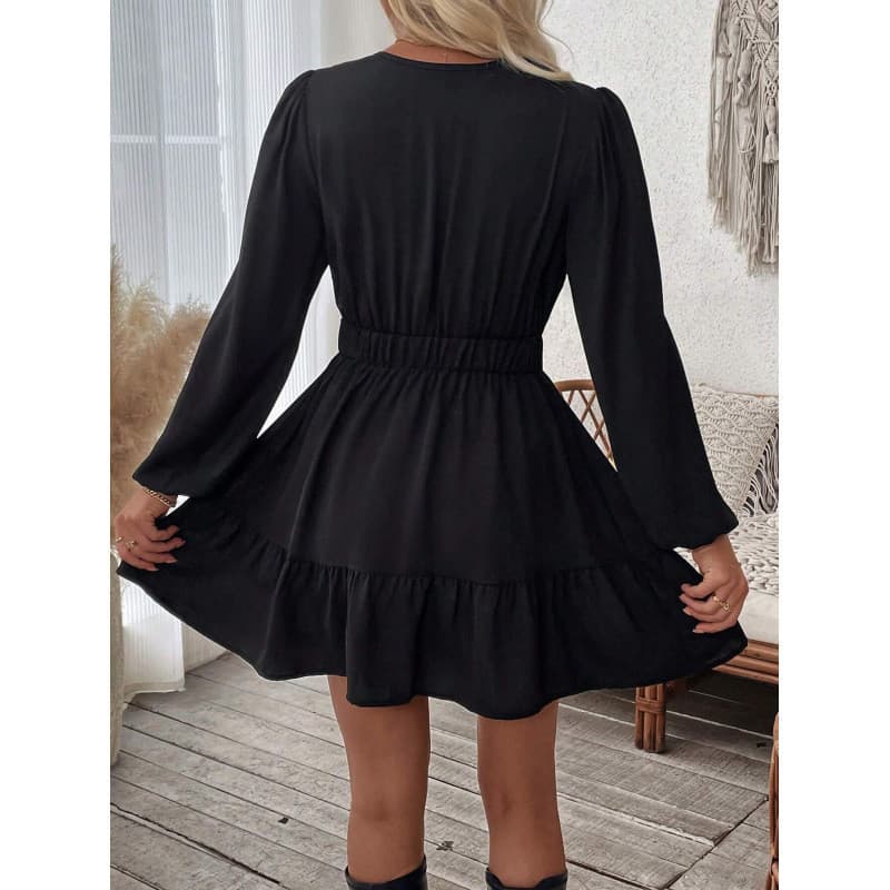 [Novo produto] Vestido feminino elegante feminino bordado gola profunda manga comprida vestido curto feminino [venda que