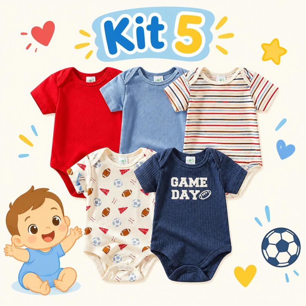 Kit Body Bebê Menino 5 Peças em Algodão, Body Infantil Masculino Manga Curta, Roupinhas para Bebê, Enxoval de Bebê