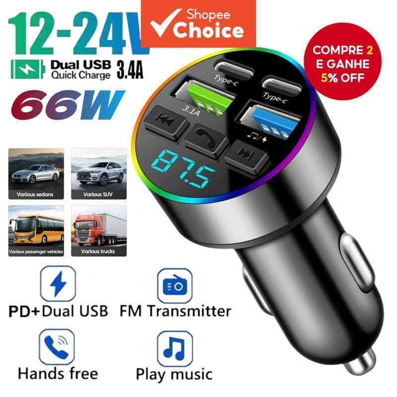  Carregador Veicular Rápido USB Duplo 2026 PD, MP3 Player de Áudio, Kit Bluetooth 5.0 para Carro, Transmissor FM,
