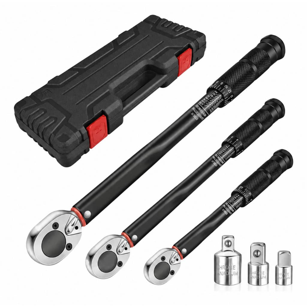 Jogo 3 Peças Chave de Torque 45 Dentes + 3 Adaptadores - Catraca Reversível Profissional