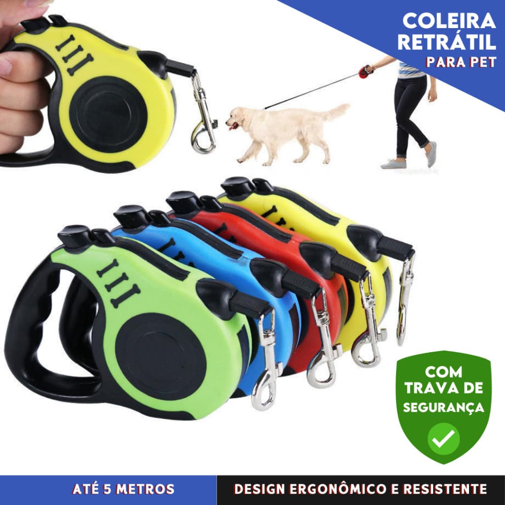 Guia Retrátil 5m Coleira Pet para Cachorro e Gato Trava Segurança Resistente Forte Passeio Cães