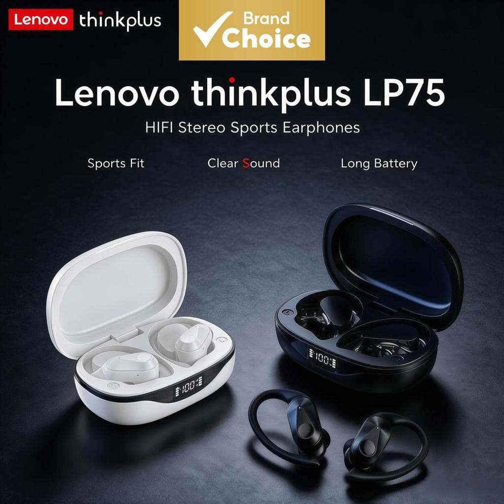 Fones de ouvido Lenovo LP75, fones de ouvido Bluetooth sem fio, fones de ouvido esportivos para corrida, fones de ouvido