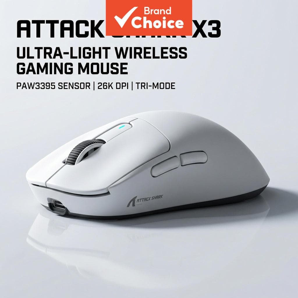 Mouse Gamer Attack Shark X3 Tri-Modo Sensor PAW3395 26000DPI Com Fio 2.4G BT5.2 Sem Fio 65H Bateria de Longa Duração