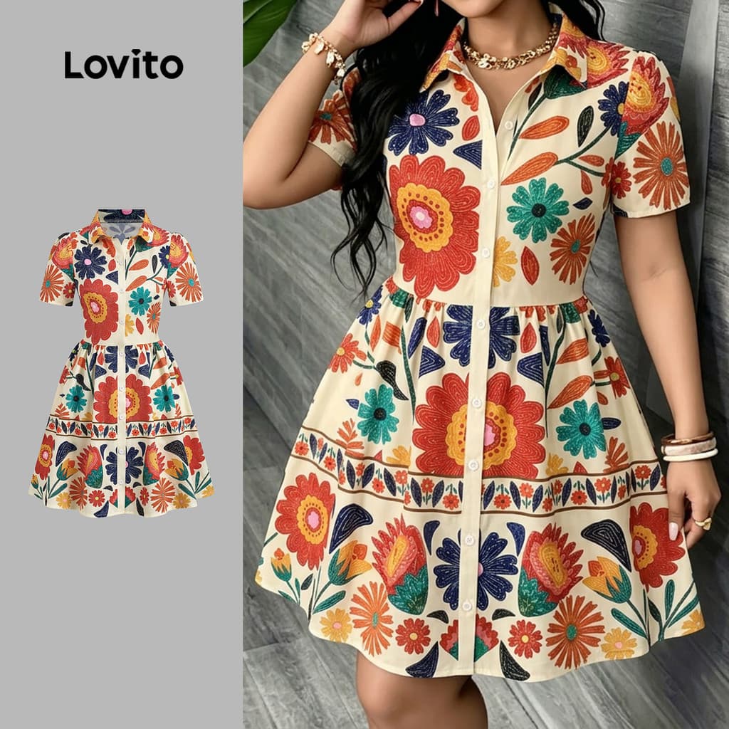 (New Arrival) Lovito Vestido Casual Feminino com Botão Frontal Estampado Primavera/Verão LK7AD081
