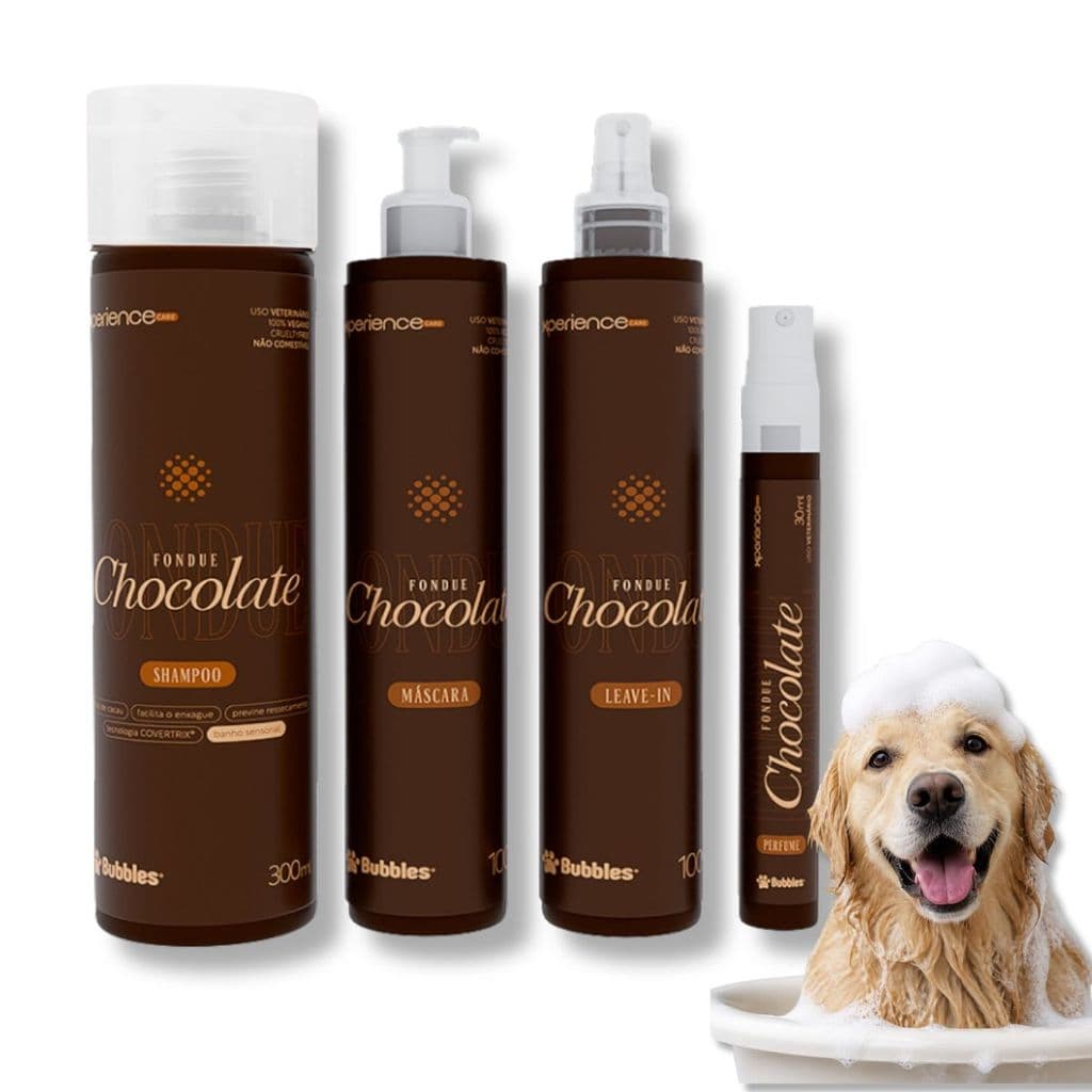 Kit Chocolate Bubbles para Cães e Gatos Shampoo Máscara Leave-in e Perfume
