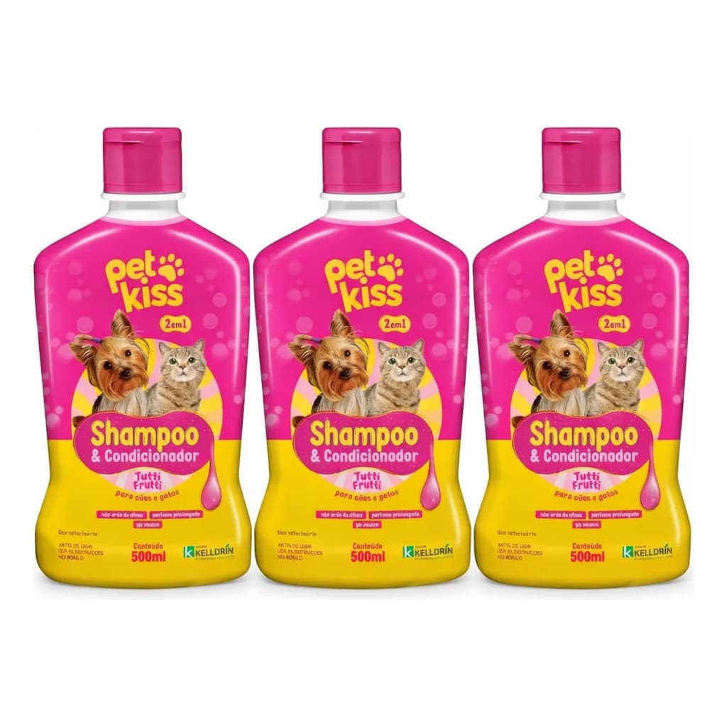 Kit 3 Shampoo para Cachorro e Gato Pet Kiss 500ml Tutti-Frutti 2 em 1