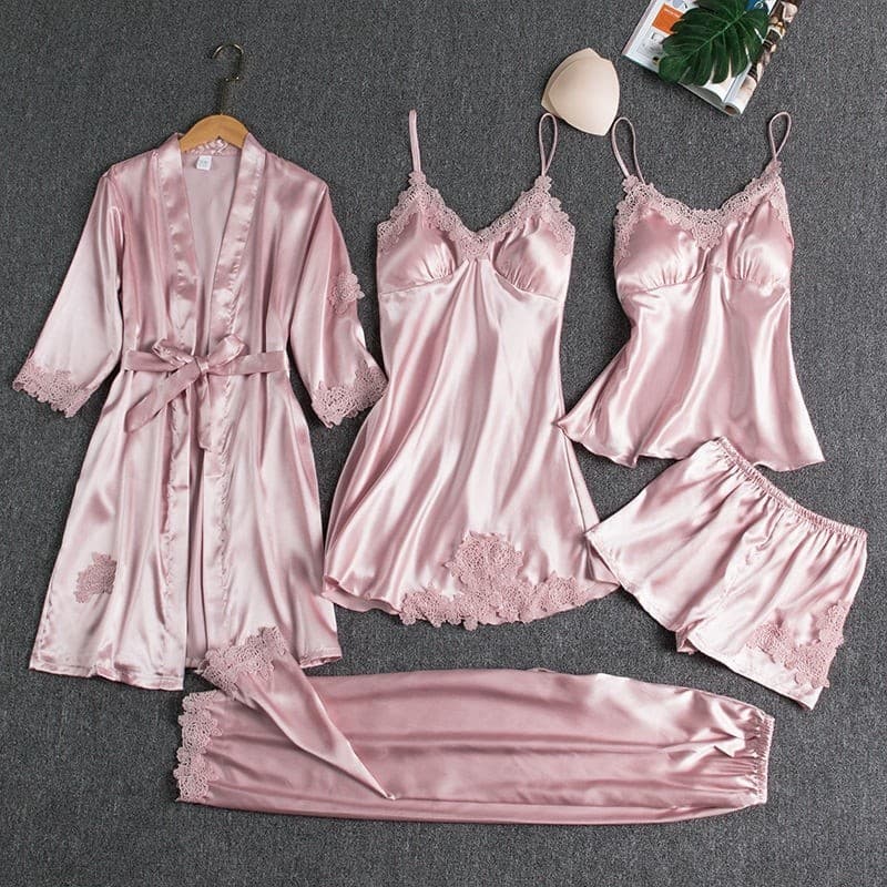 Conjunto De 5 Pijamas Femininos De Renda Com Tecido Patchwork Rayon