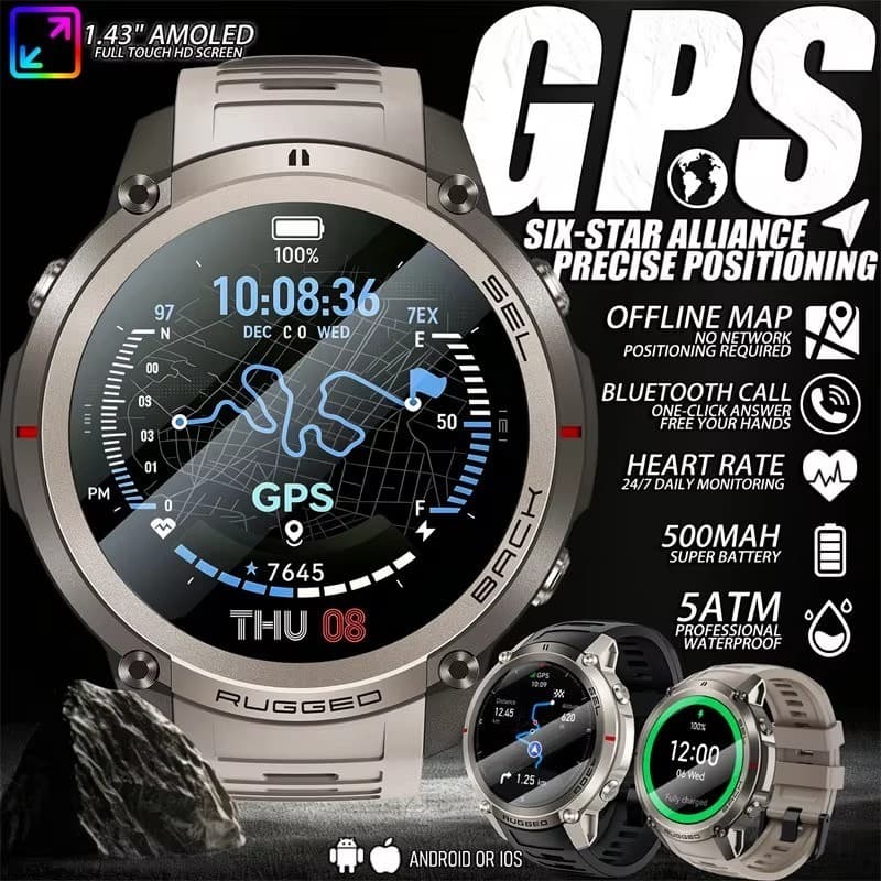 2026 Novo Smartwatch Relógio Inteligente Gps De Seis Estrelas 1.43-Polegada Amled Hd Mapa Offline Chamada Bluetooth 5Atm