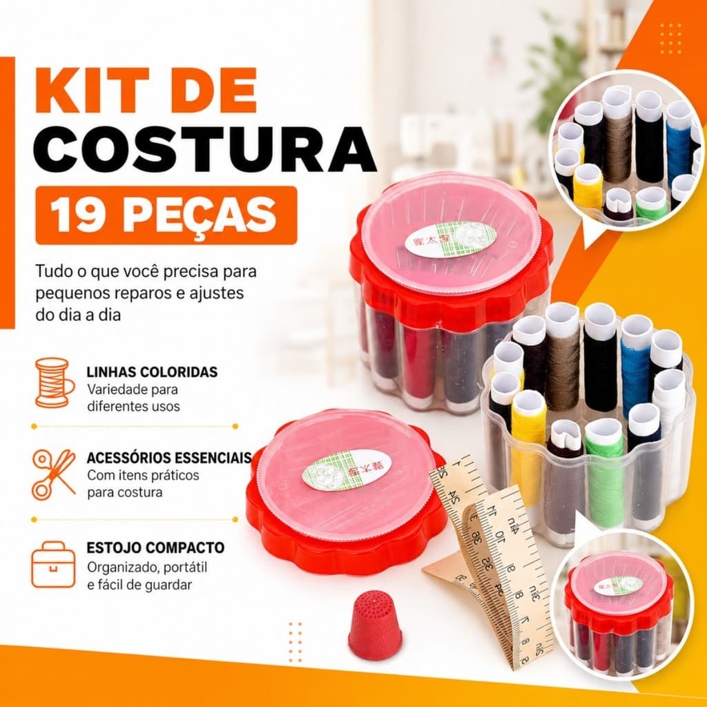 Kit de Costura Doméstica: 19 Pcs Caixa Organizadora de Linhas, Ferramentas de Alfaiataria