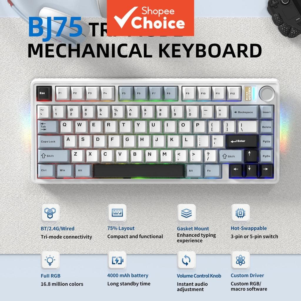 Teclado mecânico BJ75, estrutura de junta de teclado personalizada, botões Full Hot Swap, Interface de PC, tecla PBT de 