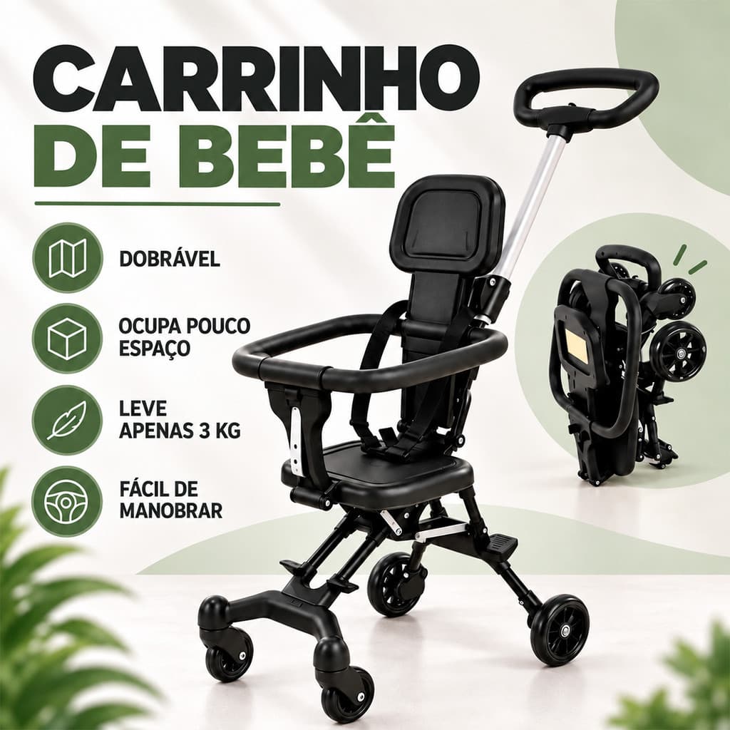 Carrinho de Bebê Leve 3 kg Dobrável Compacto Preto para Passeios
