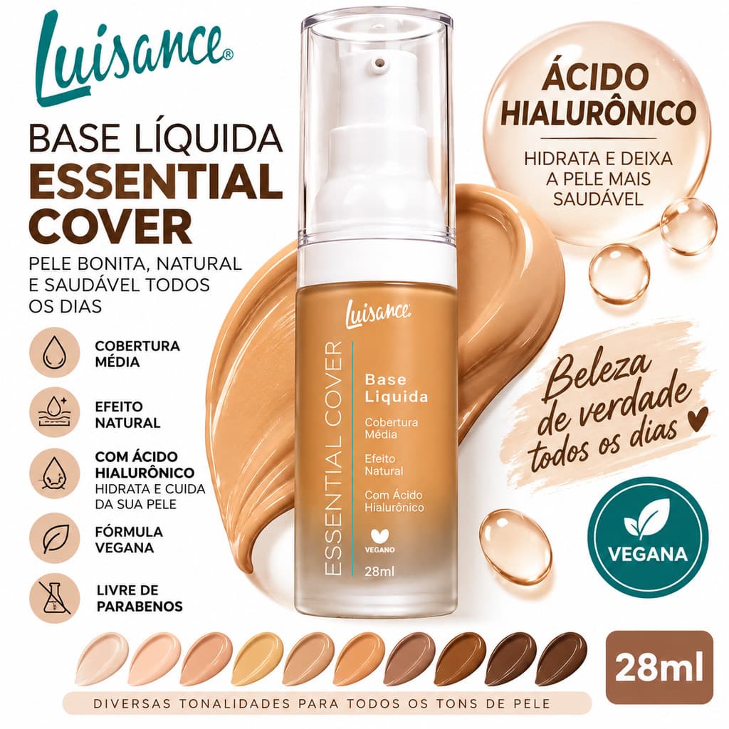 Base Líquida Luisance Essential Cover Ácido Hialurônico Cobertura Média Efeito Natural 28ml Vegana
