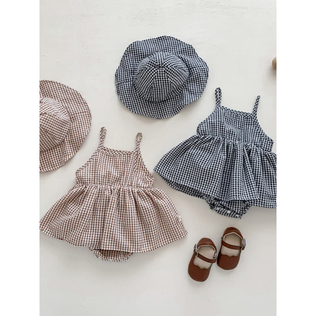 Roupas de verão novos produtos bebê menina bebê estilingue macacão vestido xadrez versão coreana bonito menina com capuz