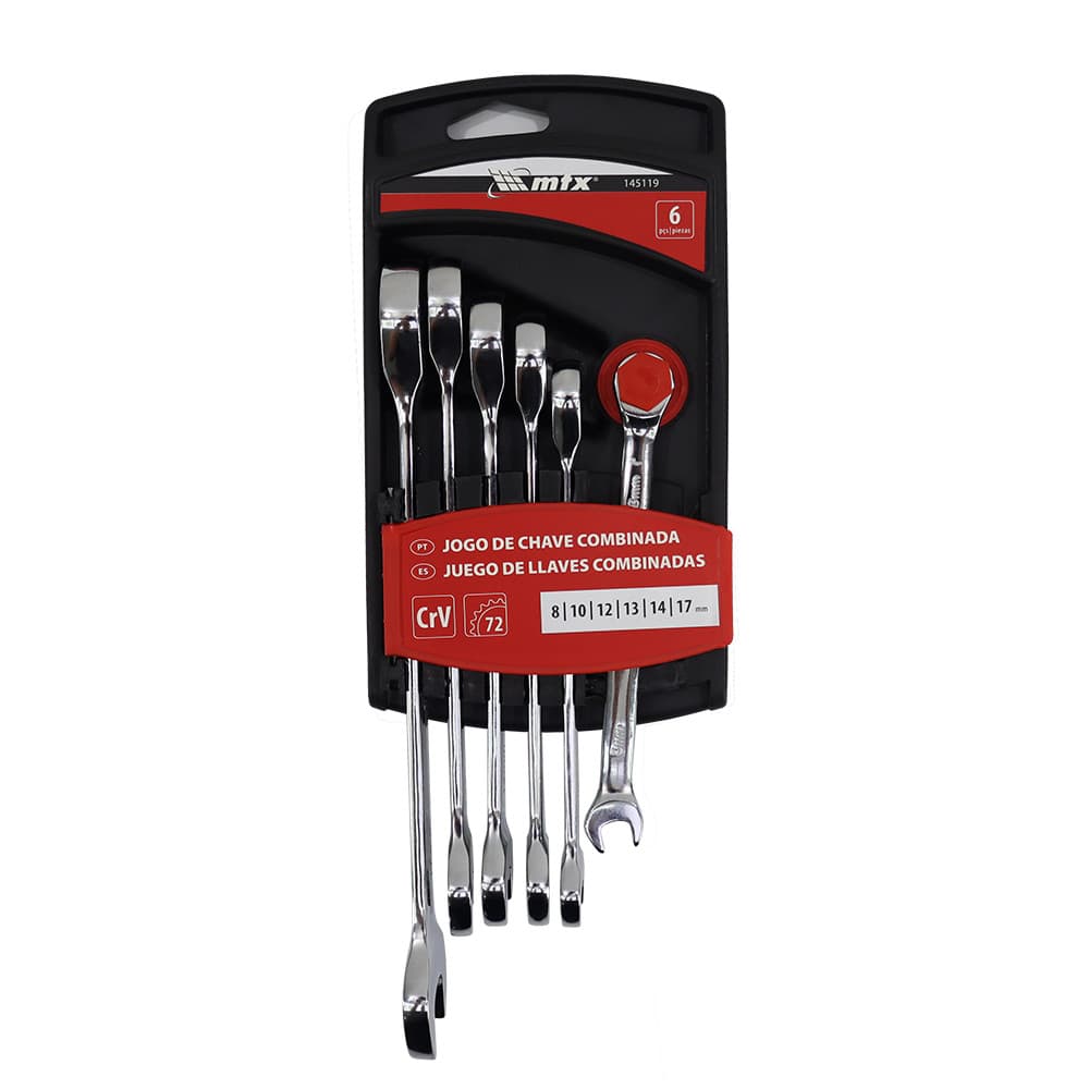 JOGO DE CHAVES COMBINADAS, COM CATRACA, CROMADA, CROMO VANADIO, 6 PCS// MTX