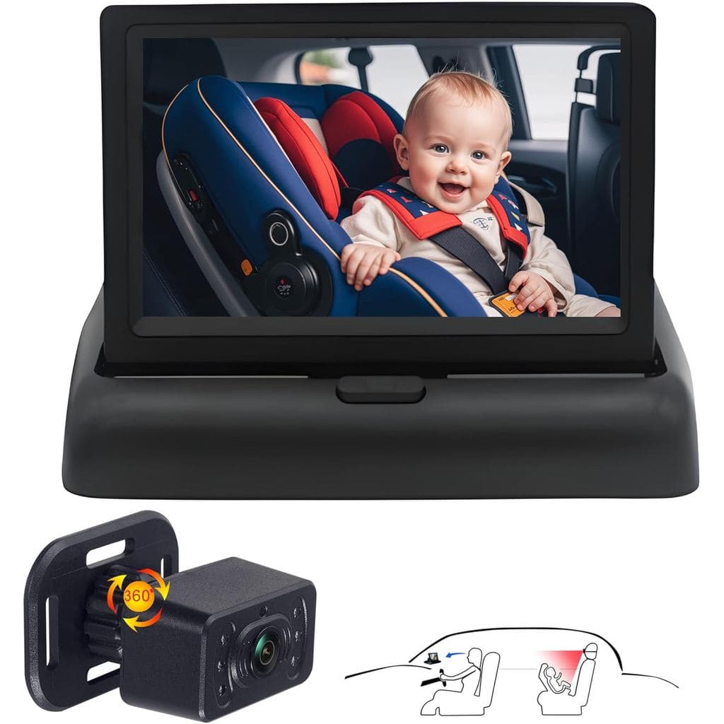 Câmera de Carro para Bebê para Banco Traseiro-HD 720P Monitor de 4,3 polegadas com Visão Noturna, 360 °   Rotação, 150 °